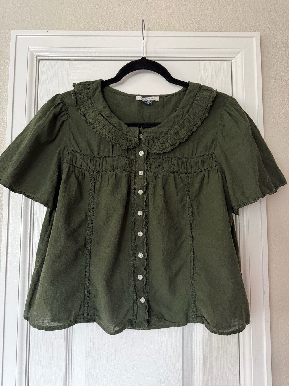 American Eagle Outfitters Olive Green Ruffled Collar Button-Front Blouse